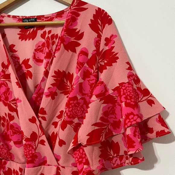 City Chic Trendy Plus Size Mini Scarlet Dress Faux Wrap Dress Floral Womens 16 - Picture 3 of 6